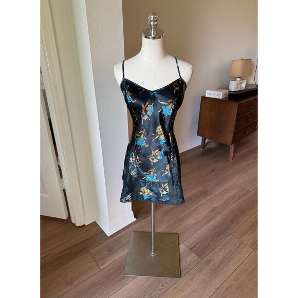 Vintage Victorias Secret Gold Label Slip Mini Dress M Dark Blue Y2K Floral Satin - Picture 12 of 16